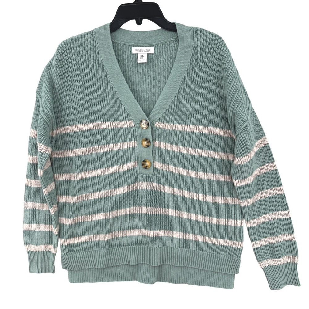 Rachel Zoe Ribbed Knit Striped Sweater Size M Green Relaxed Fit Coastal Preppy